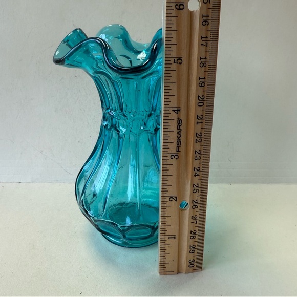 Vintage Fenton Flute and Dot Turquoise Teal Blue Glass Vase - Picture 7 of 8